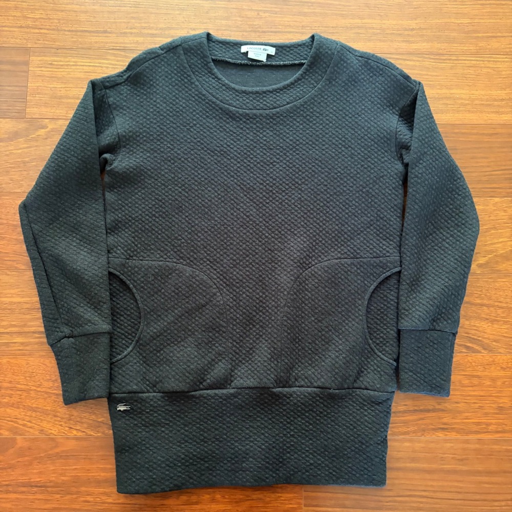 Lacoste Womens Quilted Sweatshirt Size 34 Black Longline Pullover Pockets
